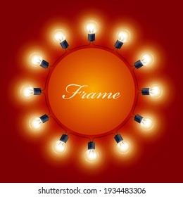 Round frame of light bulbs, theatre poster with lamps, vector