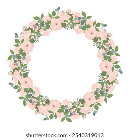 Round frame of light pink roses and eucalyptus branches. Composition of beautiful flowers, buds, leaves isolated on background. Vector floral illustrations in flat style for wedding invitations, cards