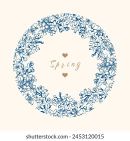 Round frame with lilac. Blue vector drawing. Background with spring flowers. Hand drawn illustration. 
