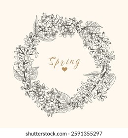Round frame of lilac flowers. Black hand-drawing. Vintage botanical illustration. Linear art style.