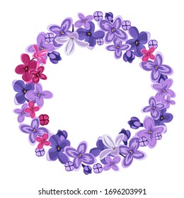 Round frame of lilac flowers. Vector illustration for design icons, template, banner, background, spring and wedding concept, place for text.