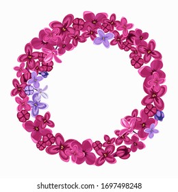 Round frame of lilac flowers. Vector illustration for design icons, template, banner, background, spring and wedding concept, place for text.