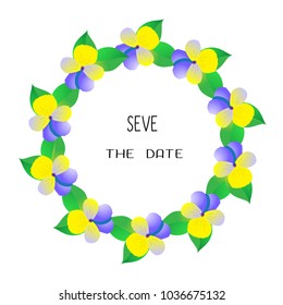 Round frame of lilac-yellow violets, green leaves on a white background.