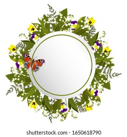 Round frame with lilies of the valley and pansies. Round frame with flowers and butterfly. Vector graphics.