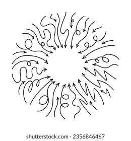 Round frame with line arrows pointing to center. Vector curvy and wavy arrows isolated on white background.