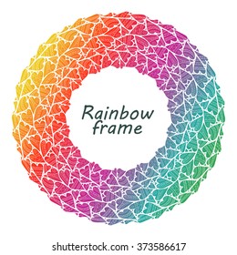 Round frame, lined hearts. hand drawn style, doodles hearts border, beautiful frame for your design. Dotted elements for Valentines day. Vector illustration. Rainbow colors.