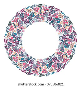 Round frame, lined hearts. hand drawn style, doodles hearts border, beautiful frame for your design. Dotted elements for Valentines day. Vector illustration. Pastel colors.