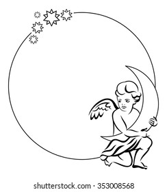 Round frame with little angel with moon in his hands