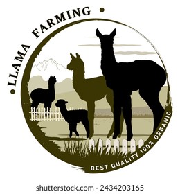Round frame with llama and alpaca farm objects silhouettes and text for product labels. Vector illustration.	