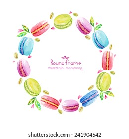 Round frame.  Macaroons cookies, pistachio, mint leaves and pink hearts. Watercolor illustration. 