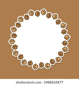 Round frame made of animal paw prints with empty space for your text and images. Cute dog paw print border. Vector illustration