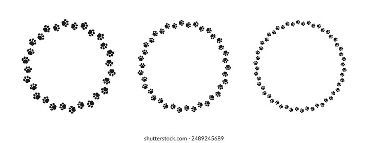 Round frame made of animal paw prints silhouette set. Cute dog paw print track trail border collection. Vector illustration