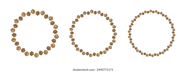 Round frame made of animal paw prints with copy space for text set. Cute dog paw print border collection. Vector illustration