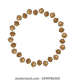 Round frame made of animal paw prints with empty space for your text and images. Cute dog paw print border. Vector illustration
