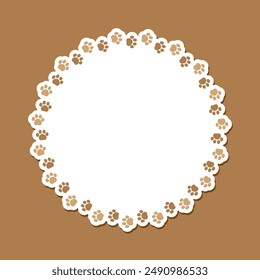 Round frame made of animal paw prints with empty space for your text and images. Cute dog paw print border. Vector illustration