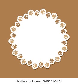 Round frame made of animal paw prints with empty space for your text and images. Cute dog paw print border. Vector illustration