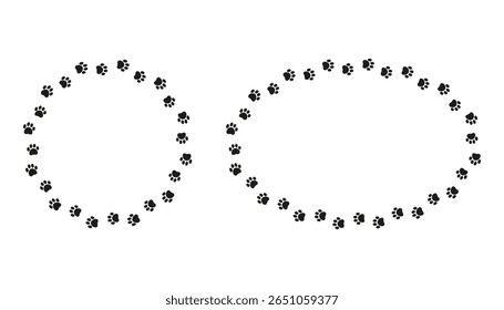 Round frame made of animal paw prints silhouette. Cute dog paw print trail border set. Perfect for pet-themed designs, invitations, and decorations. Vector illustration with charming style.