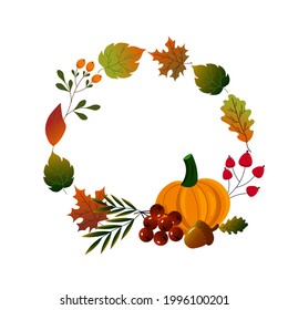 Round frame made of autumn leaves with pumpkin. Autumn illustration. Vector drawing on a white background. For congratulations, invitations, flyers, decoration and design.