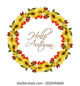 Round frame made of autumn leaves, sunflowers, physalis flowers. Autumn vegetation border template on white background. Template for congratulations, scrapbooking, congratulations, invitations,planner