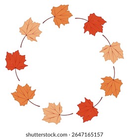 Round frame made up to autumn maple leaves in various colors. Flat vector illustration. 