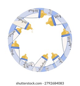 Round frame made of baby bottles with milk on a light background. Cute nursery circle border with copy space for shower invitations, cards, stickers and newborn branding.