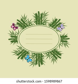 round frame made of bamboo and bamboo sheets with butterflies, light beige background, green leaves, vector