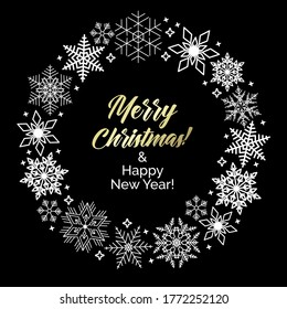 round frame made with beautiful white snowflakes and text Merry Christmas and Happy New Year on black background