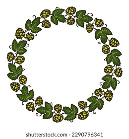 Round frame made of beer hops branches with leaves and hop cones. Decorative wreath of beer hops Elements for brewery design,  beer production,  pub and bar decoration. Hand drawn vector illustration.