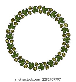 Round frame made of beer hops branches with leaves and hop cones. Decorative wreath of beer hops Elements for brewery design,  beer production,  pub and bar decoration. Hand drawn vector illustration.