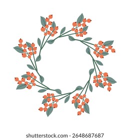 Round frame made of berries and leaves. Woodland wreath. Elegant floral seamless pattern. Template with copy space for wedding invitations and greeting cards. Vector stock illustration.