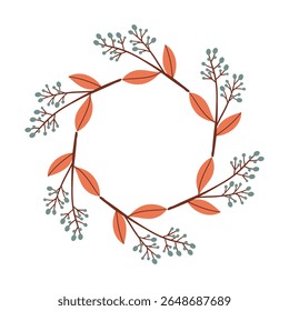 Round frame made of berries and leaves. Woodland wreath. Elegant floral seamless pattern. Template with copy space for wedding invitations and greeting cards. Vector stock illustration.