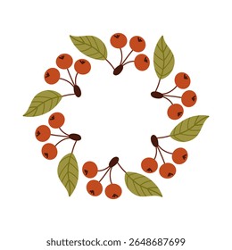 Round frame made of berries and leaves. Woodland wreath. Elegant floral seamless pattern. Template with copy space for wedding invitations and greeting cards. Vector stock illustration.