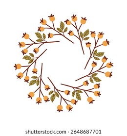 Round frame made of berries and leaves. Woodland wreath. Elegant floral seamless pattern. Template with copy space for wedding invitations and greeting cards. Vector stock illustration.