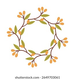 Round frame made of berries and leaves. Woodland wreath. Elegant floral seamless pattern. Template with copy space for wedding invitations and greeting cards. Vector stock illustration.