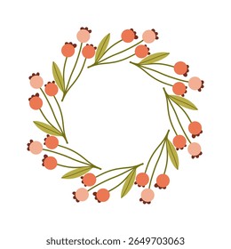 Redondo quadro feito de bagas e folhas. Coroa de Woodland. Elegante padrão floral sem emenda. Modelo com espaço de cópia para convites de casamento e cartões de felicitações. Ilustração de estoque de vetor.