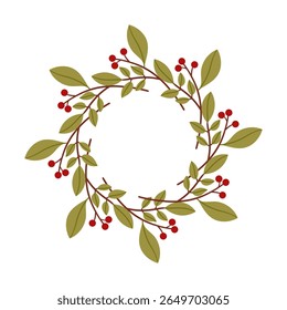 Round frame made of berries and leaves. Woodland wreath. Elegant floral seamless pattern. Template with copy space for wedding invitations and greeting cards. Vector stock illustration.