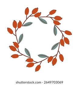 Round frame made of berries and leaves. Woodland wreath. Elegant floral seamless pattern. Template with copy space for wedding invitations and greeting cards. Vector stock illustration.