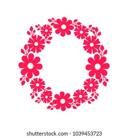 Round frame made of blooming flowers vector illustration decorative border with red blossoms and leaves isolated on white background in flat style