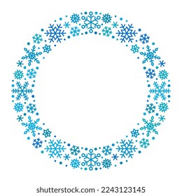 Marco redondo hecho de copos de nieve azules sobre fondo blanco. Elemento decorativo para el diseño de Navidad y Año Nuevo. Ilustración del vector