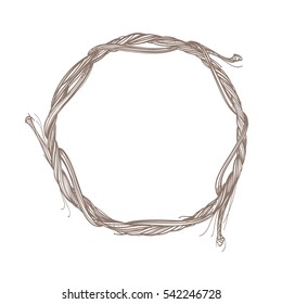 Round frame made of branches. Decorative outline element for design work in the boho style.