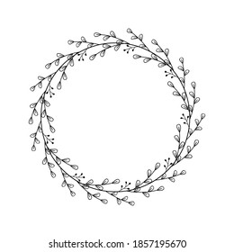 Round frame made of branches, leaves, berries. Beautiful wreath, linear drawing. Floral border with place for text. Design template for holiday invitation, logo, home decoration. Vector illustration
