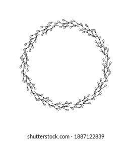 Round frame made of branches and leaves. Spring wreath of willow stems. Black outline drawing isolated on white background. Floral border for holiday invitation, logo, home decoration. Vector clipart