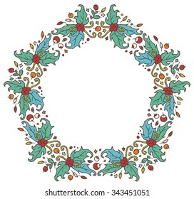 round frame made of branches, leaves and berries - floral pattern for design of cards and invitations