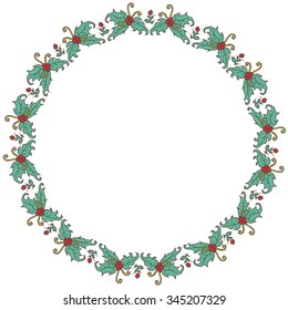 round frame made of branches, leaves and berries - floral pattern for design of cards and invitations