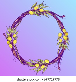 Round frame made of branches with leaves and fruits of olives. Olive wreath. Decorative element for design of packaging, labels and other items.