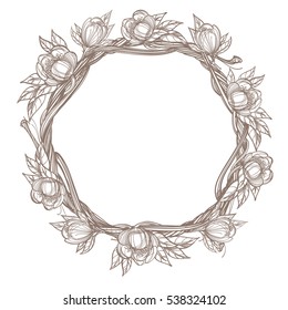 Round frame made of branches with lush flowers. Decorative outline element for design work in the boho style.