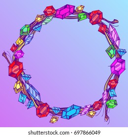Round frame made of branches with precious stones. Decorative design element for invitations, greeting cards and other items.