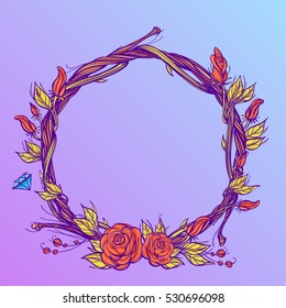 Round frame made of branches with roses and flower buds. Decorative element for design work in the boho style.