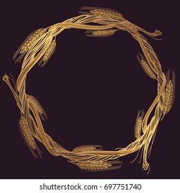 Round frame made of branches with spikelets of wheat. Decorative element for design of packaging, labels and other items.