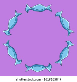 Round frame made of candies in blue wrapper. Purple background, vector.